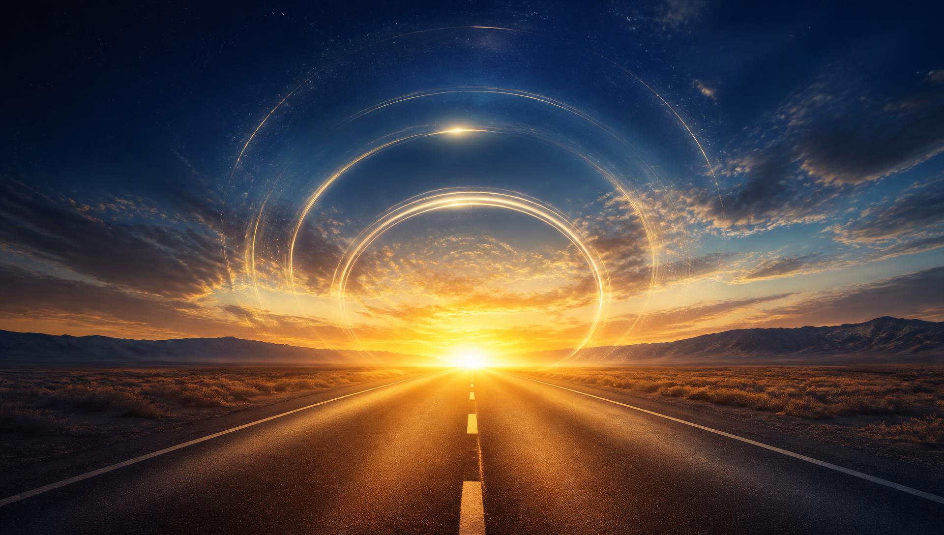 Open highway at dawn beneath rings of light